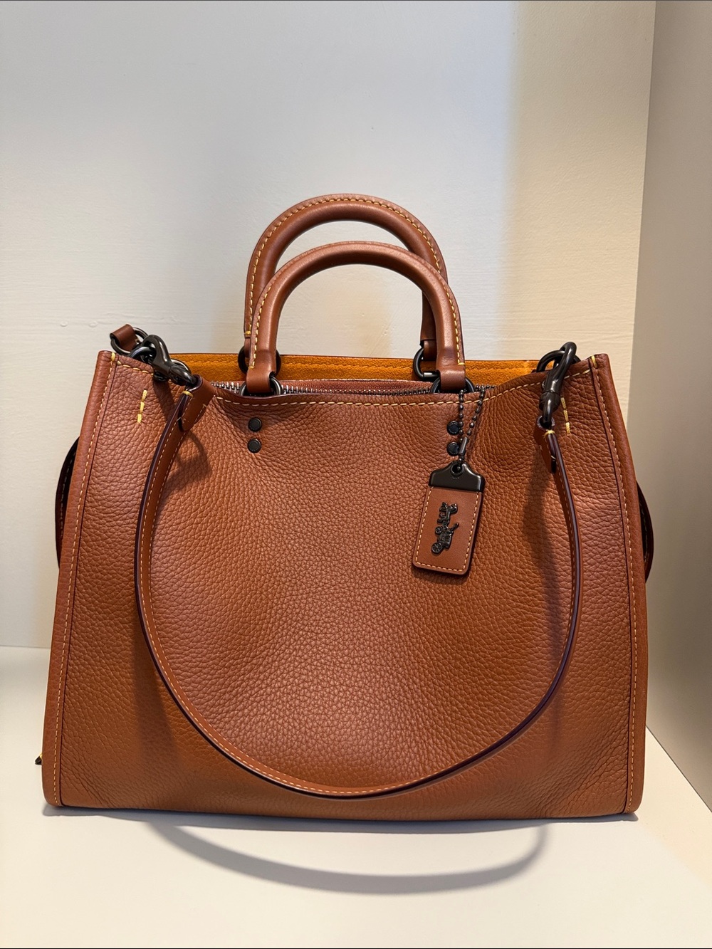Coach Rogue 31 in Saddle with Yellow Suede interior and Gunmetal Hardware